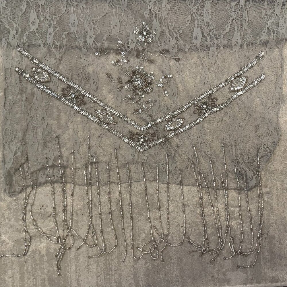 Sue Wong Evening Scarf Shawl Runner Large Big Hand Beaded Lace Platinum Silver 1